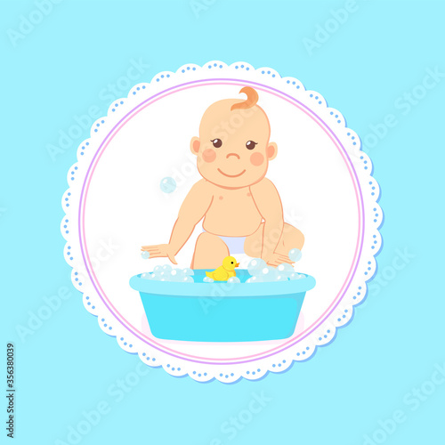 Baby shower greeting card, infant bathing in basin with water, new born child. Toddler milestones from 6 to 12 take a bath with rubber yellow duck