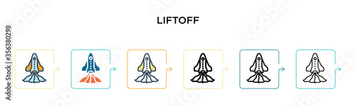 Liftoff vector icon in 6 different modern styles. Black, two colored liftoff icons designed in filled, outline, line and stroke style. Vector illustration can be used for web, mobile, ui