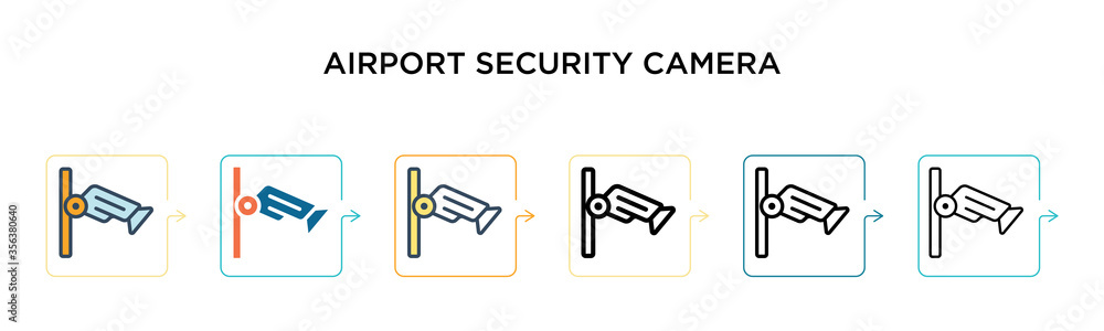 Airport security camera vector icon in 6 different modern styles. Black, two colored airport security camera icons designed in filled, outline, line and stroke style. Vector illustration can be used Airport security camera vector icon in 6 different modern styles. Black, two colored airport security camera icons designed in filled, outline, line and stroke style. Vector illustration can be used