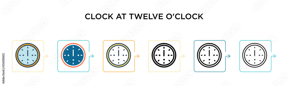 Clock at twelve o'clock vector icon in 6 different modern styles. Black, two colored clock at twelve o'clock icons designed in filled, outline, line and stroke style. Vector illustration can be used Clock at twelve o'clock vector icon in 6 different modern styles. Black, two colored clock at twelve o'clock icons designed in filled, outline, line and stroke style. Vector illustration can be used
