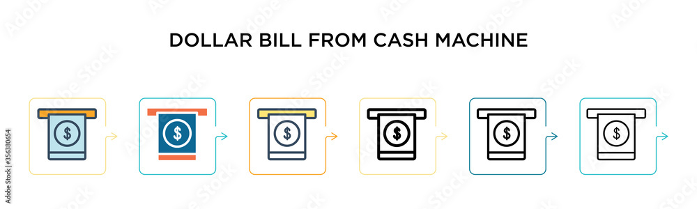 Dollar bill from cash machine vector icon in 6 different modern styles. Black, two colored dollar bill from cash machine icons designed in filled, outline, line and stroke style. Vector illustration Dollar bill from cash machine vector icon in 6 different modern styles. Black, two colored dollar bill from cash machine icons designed in filled, outline, line and stroke style. Vector illustration