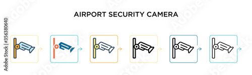 Airport security camera vector icon in 6 different modern styles. Black, two colored airport security camera icons designed in filled, outline, line and stroke style. Vector illustration can be used