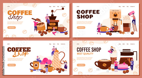 Coffee shop banner set with people in drink preparation process. Cartoon barista team making coffee and putting sprinkles in cup - cafe website vector illustration.