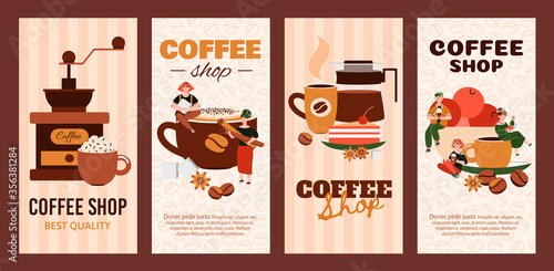 Coffee shop vertical banner set with cafe drink making equipment and people sitting on giant cups served with dessert or spices. Cozy beverage flyers, vector illustration