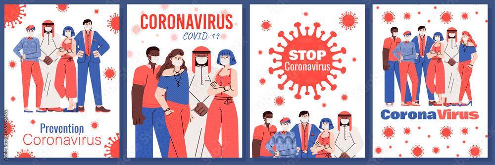 Obraz premium People wear masks to protect themselves from the coronavirus. Image of a group of masked people and the COVID-19 virus. Conceptual set of vector posters for your design. Vector linear illustration.