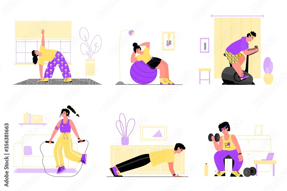 Home workout - set of people doing fitness exercises indoors with sport equipment. Athletes doing cardio, lifting and stretching inside their house, vector illustration.