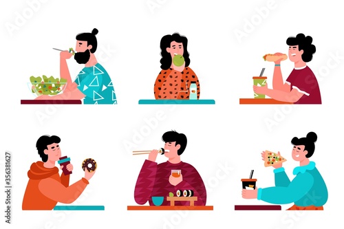 Cartoon people eating - isolated set of men and women with different nutrition diets eating junk fast food or healthy salad meal. Vector illustration on white background.