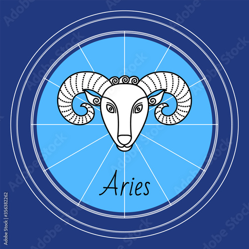 Aries zodiac sign of Ram and calligraphic inscription. Symbol used in horoscopes and astrology. March and april, spring months of ruling. Isolated icon in circle with lines. Vector in flat style