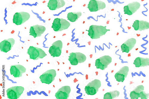 Abstract illustration of watercolor pattern with simple strokes on white background. Hand paint texture with green brushstrokes  blue lines  red dot. Bright naive style. Geometrical backdrop for print
