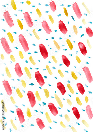 Abstract watercolor pattern on white background. Hand paint texture with red, yellow, blue brushstrokes. Geometrical backdrop for shirt design print, business card, poster, flyer, invitation, banner.