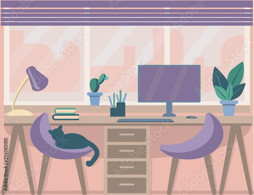 Cozy home office in the style of Hygge. The Desk stands by the large window. Cute interior in pastel colors. Workplace in the house. Vector illustration in flat style. Freelance during the quarantine