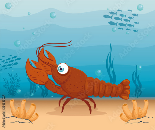 lobster animal marine in ocean, seaworld dweller, cute underwater creature,habitat marine concept vector illustration design