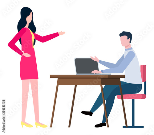 Brokers collaboration isolated cartoon people. Training at work controlling supervisor. Vector male sitting on chair at desk and boss supervising employer