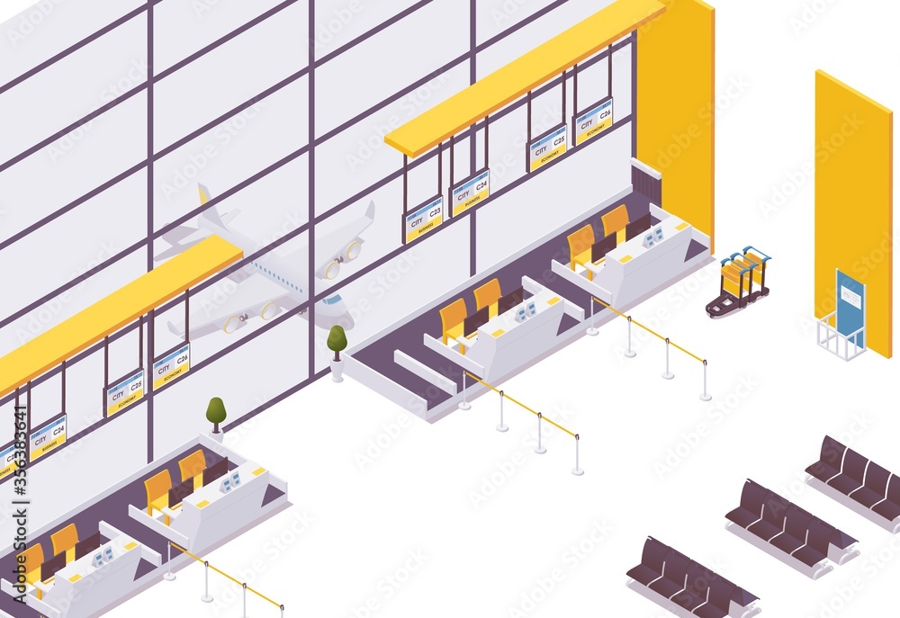 Vector isometric check-in counter for flight, baggage weighing ...