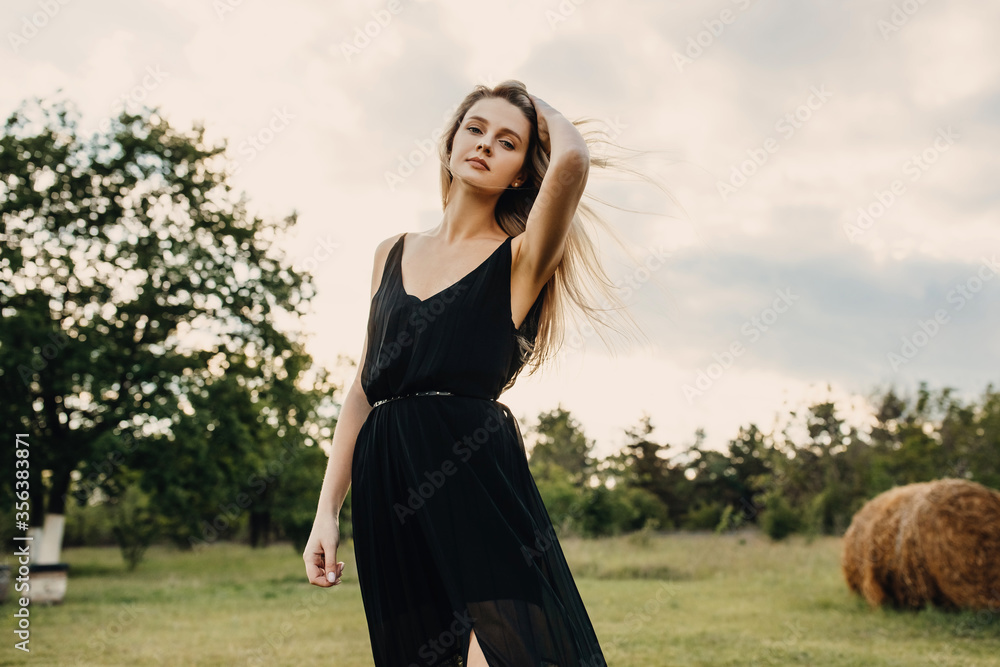 Φωτογραφία Young blonde attractive woman with long hair, wearing black maxi dress, outdoors, standing in a field
