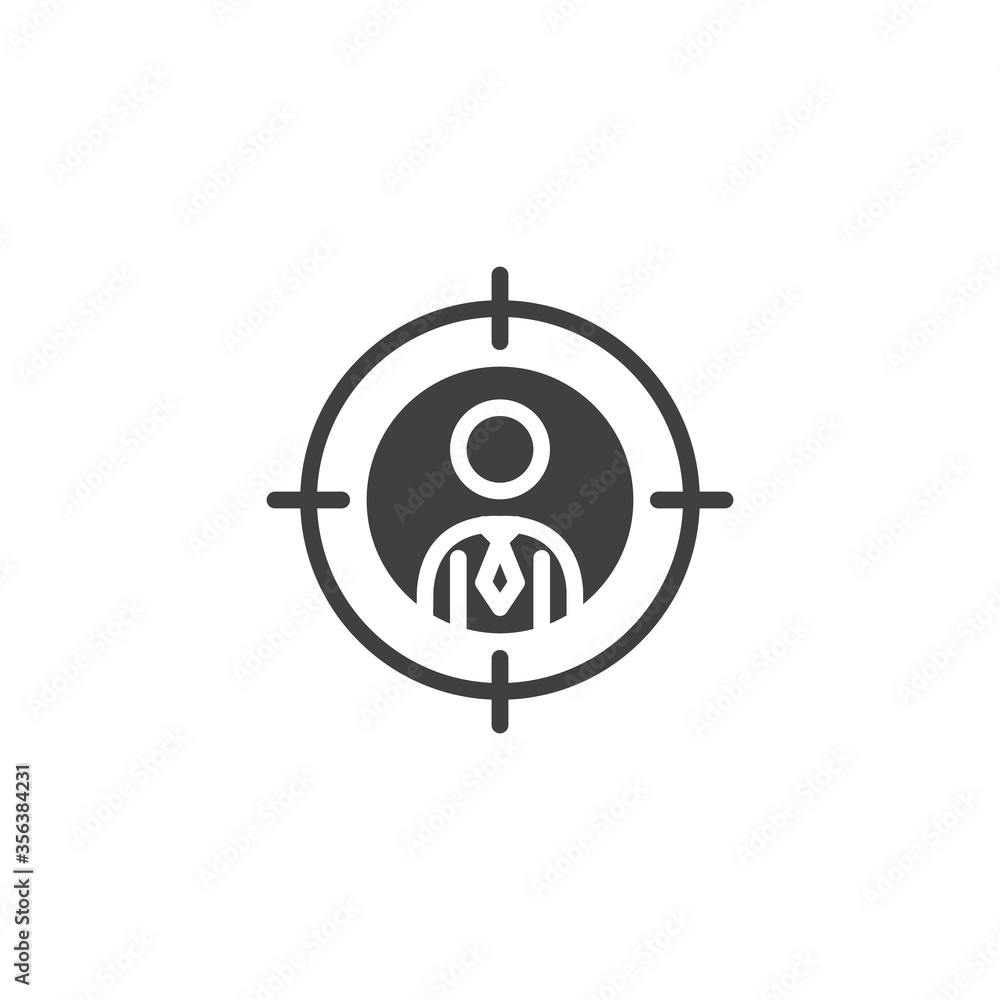 Target audience vector icon. filled flat sign for mobile concept and web design. Business man with aim target glyph icon. Symbol, logo illustration. Vector graphics