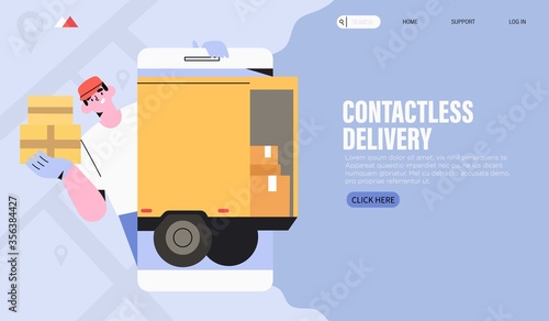Online food or package free fast delivery service or application. Company courier hold box with products, clothes, electronics. Order online or cargo delivery for commercial and private interests.