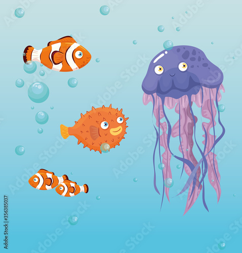 jellyfish animal marine in ocean, with ornamental fishes, sea world dwellers, cute underwater creatures,habitat marine vector illustration design