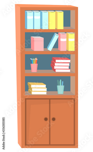 Bookshelf with many books and stationery. Bookcase made of brown wood or mahogany. Wooden furniture for classroom or home cabinet vector illustration