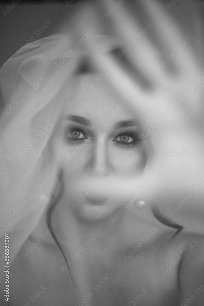 Beautiful model girl bride with makeup eyes and mouth chic earrings looks through a veil