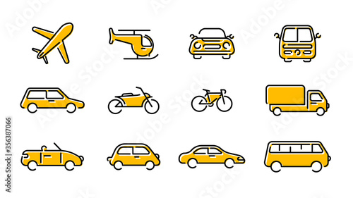 Transport icons set in trendy flat outline style isolated on white background. Transportation elements for your design. Vector illustration.