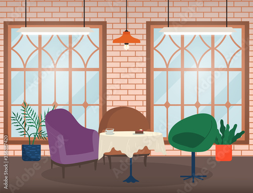 Three armchairs and table with tablecloth, furnishing. Place for relax and lunch in cafeteria, homelike interior. Restaurant with big windows with view on city. Vector illustration in flat style