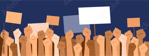 Protesters hands holding banners with copy space. Strike, revolution, conflict vector background.Strike political protester and demonstration. photo