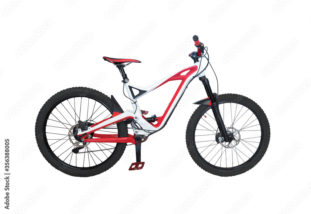 Full suspension bicycle for downhill riding. Extreme mountain bike isolated on white background