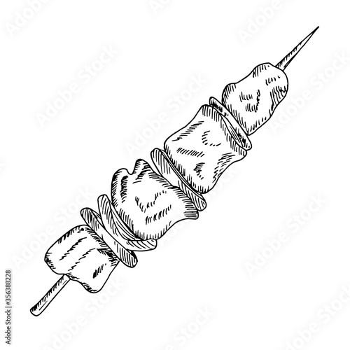 Shashlik, meat peaces on skewer with baked vegetables isolated on white background. Delicious shawarma, grilled arabic cuisine, barbecue, bbq. Vector hand drawn sketch illustration in doodle outline.