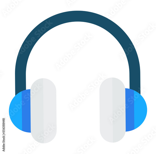 Headphones for listening music. Electronic device that makes sound and person can hear melody by ears. Plastic black with blue earphones on white background. Vector illustration in flat style
