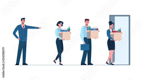 Boss fires employees. Fired men and women leaves the office with a box in his hands. Job loss due to covid-19, economic decline. Dismissed employees goes to door to exit office. Unemployment Vector