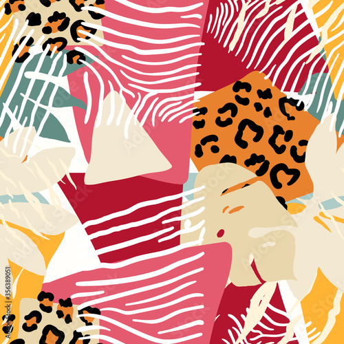 Bright, multi-color seamless patterns with elements of tropical leaves, animal elements. Figure skin leopard, tiger, zebra. Modern abstract collage.