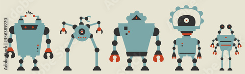 Vintage robot collection.Vector illustration of retro cartoon robot series.