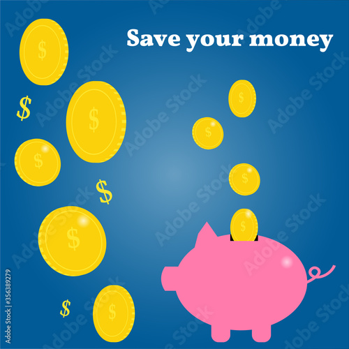 Pig piggy bank and gold coins. Saving money