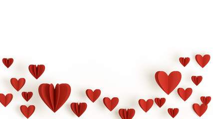 Valentines Day background, colorful decoration design with space for text. Paper cut red hearts on isolated on white background, top view concept. Romantic concept, flat lay nubes.	