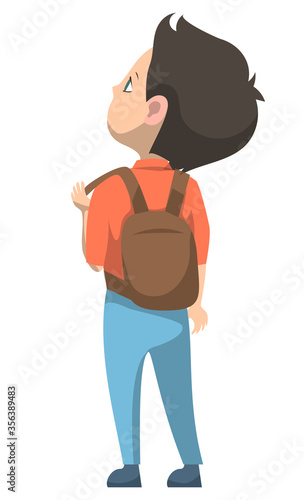Schoolboy standing alone with brown backpack on his back. Boy with dark hair, orange shirt and blue pants. Guy isolated, first September start lessons. Back to school flat cartoon vector illustration