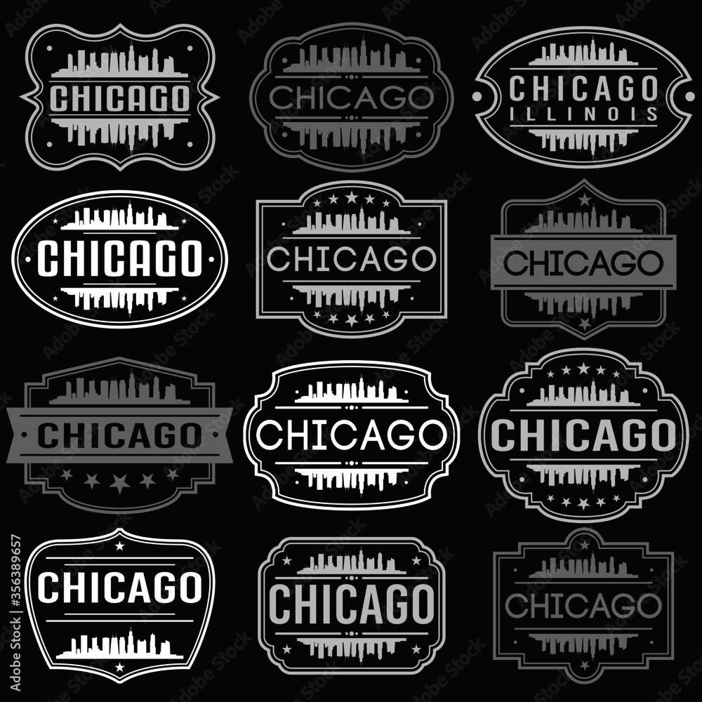 Chicago Illinois Skyline. Premium Quality Stamp Frames. Grunge Design. Icon Art Vector. Old Style Frames.