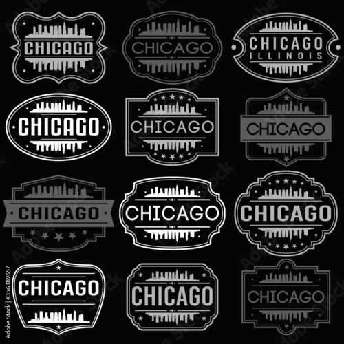 Chicago Illinois Skyline. Premium Quality Stamp Frames. Grunge Design. Icon Art Vector. Old Style Frames.