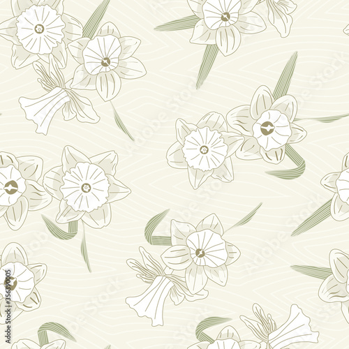 Vector Daffodil Flowers in Green White Beige Scattered on Beige Background Seamless Repeat Pattern. Background for textiles  cards  manufacturing  wallpapers  print  gift wrap and scrapbooking.