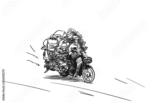 Overloaded motorbike Hand drawn sketch Vector illustration isolated