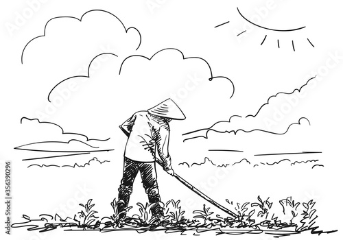 Peasant in vietnamese hat works on field, Hand drawn vector sketch
