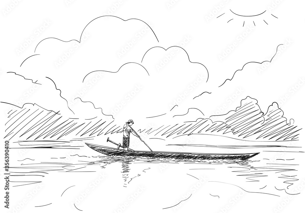 Fototapeta premium Man standing and rowing long boat on lake with mountains and clouds on backdrop, Hand drawn vector sketch