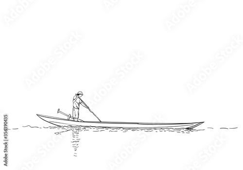 Man standing on rowing long boat, Hand drawn vector sketch linear illustration