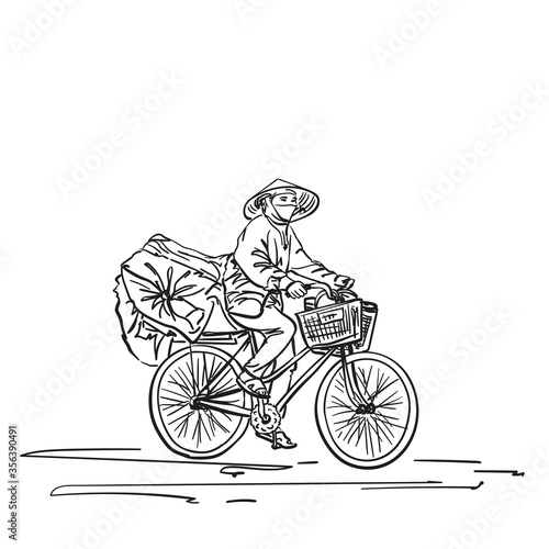 Person in vietnamese hat cycling on heavy loaded bicycle, Vector hand drawn linear sketch