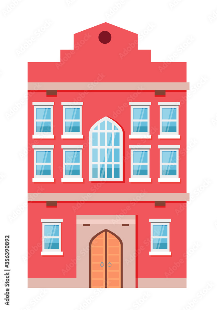 Multi-storey building with windows and entrance, shadow on house. City or street construction with red wall, exterior of skyscraper vector