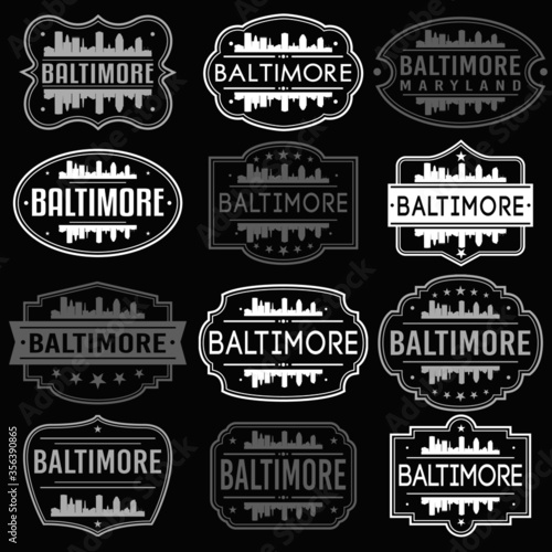 Baltimore Maryland Skyline. Premium Quality Stamp Frames. Grunge Design. Icon Art Vector. Old Style Frames.
