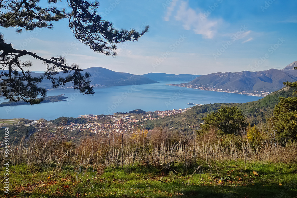 Scenic landscape of Adriatic sea bay in Montenegro, amazing view from mountain Vrmac