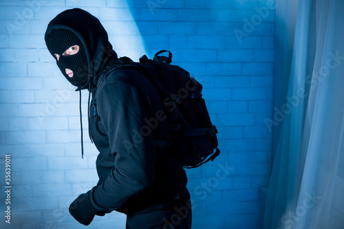 Sneaky burglar ready to steal something at home photo