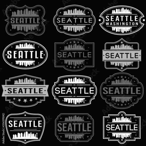 Seattle Washington Skyline. Premium Quality Stamp Frames. Grunge Design. Icon Art Vector. Old Style Frames.