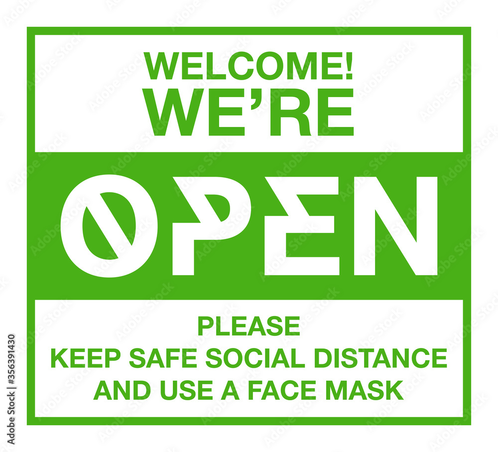 We are open please come in sign board illustration isolated on whie background. it's over sign Banner reopen on the front door with text welcome we're open again after quarantine COVID19 coronavirus We are open please come in sign board illustration isolated on whie background. it's over sign Banner reopen on the front door with text welcome we're open again after quarantine COVID19 coronavirus